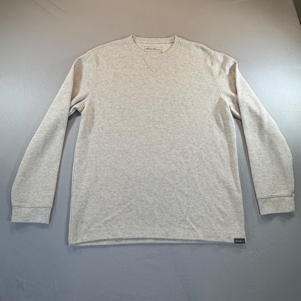 Eddie Bauer Mens Thermal Crew Shirt Oatmeal Grey Waffle Knit M Outdoor Hiking